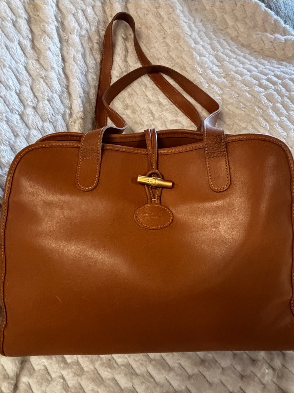 Vintage Longchamp Cognac Leather Tote Roseau Toggle Shoulder Bag